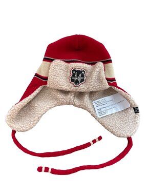 Zephyr Beanie Hat One Size Ear Flap Stripe Red Stone Black Sherpa Lined Cozy NEW